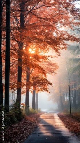 Foggy morning with trees changing colors.