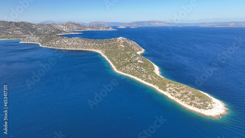Aerial drone photo of Kinosoura long peninsula of land in paradise beach of Schoinias or Schinias, Marathon, Attica, Greece photo