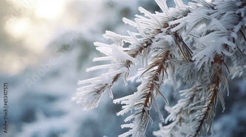 High-definition winter scene with snow-covered pine branches, ice crystals, frozen foliage, and serene beauty. photo
