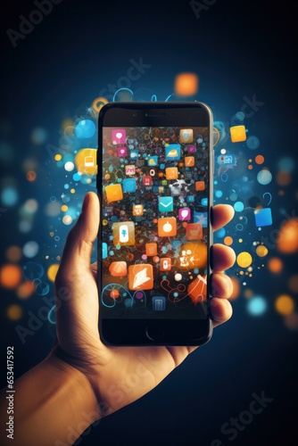 Mobile marketing: Hand holding a smartphone with app