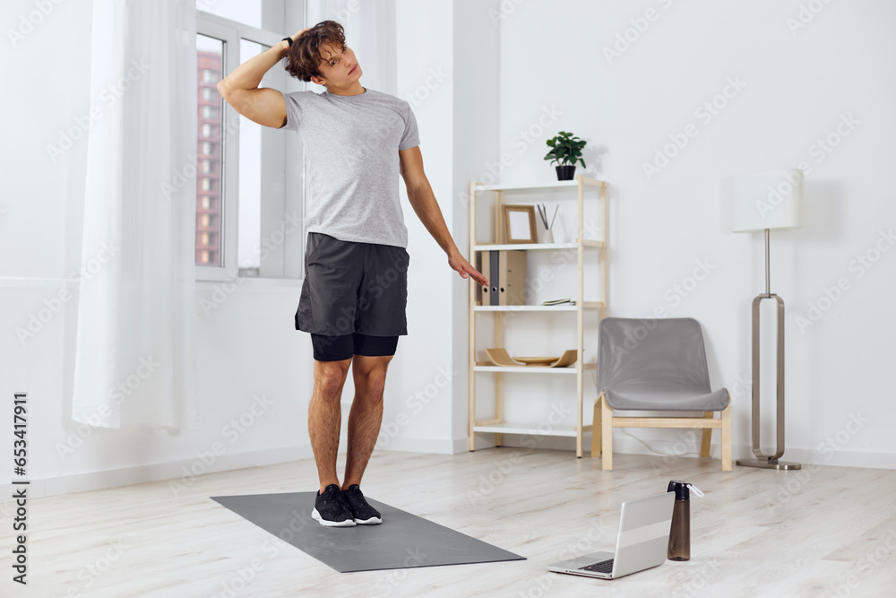 man sportswear lifestyle health gray activity home training dumbbells indoor sport