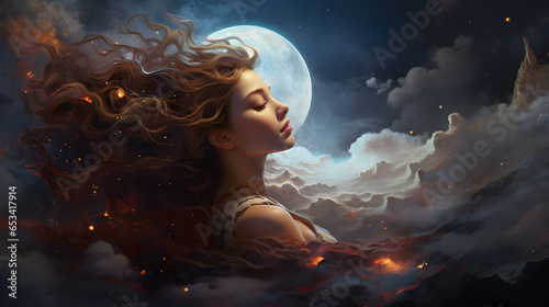 Illustration of Girl in a Celestial Dream: Cosmic Fantasy Artwork , Astronomical Creative Concept