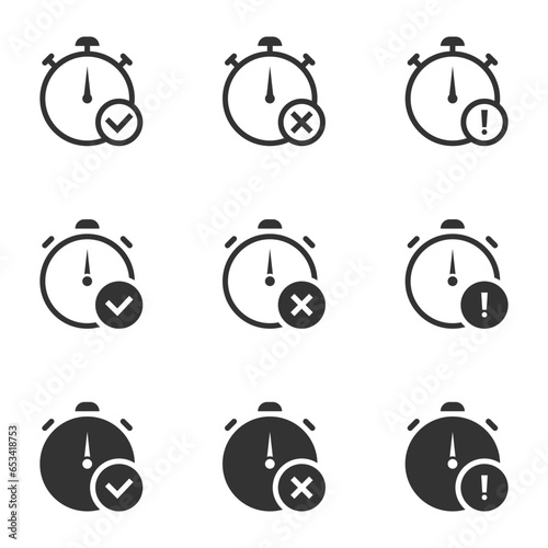 Set of stopwatches with check mark cross and exclamation mark. Vector illustration photo