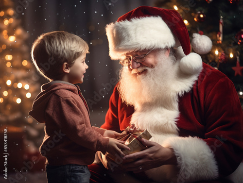 A blonde girl talks to Santa Claus, recites a poem or sings a song to Santa Claus. In return, Santa Claus gives the girl a New Year's gift against the backdrop of a New Year's tree and decorations.