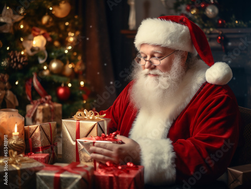 Santa Claus in glasses sits in his workshop and packs New Year's gifts with a smile against the backdrop of a decorated New Year's tree.