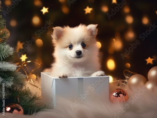 A small fluffy puppy peeks out of a New Year's gift box and looks at the camera against the backdrop of a Christmas tree and garland lights. We gave a dog for New Year or Christmas.