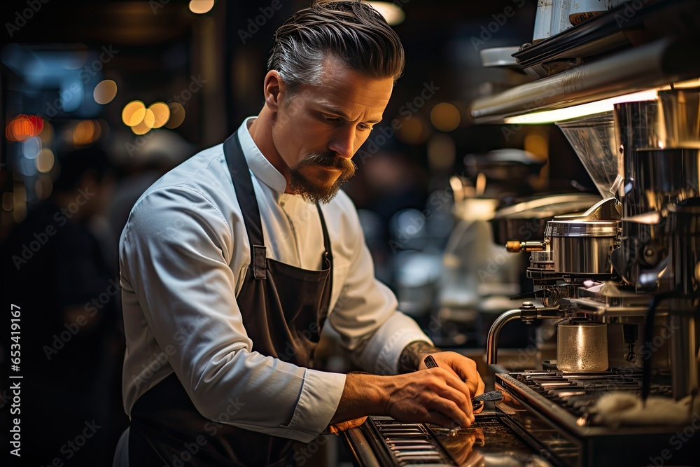 Hall barista extracts perfect espresso in handcrafted coffee., generative IA Hall barista extracts perfect espresso in handcrafted coffee., generative IA