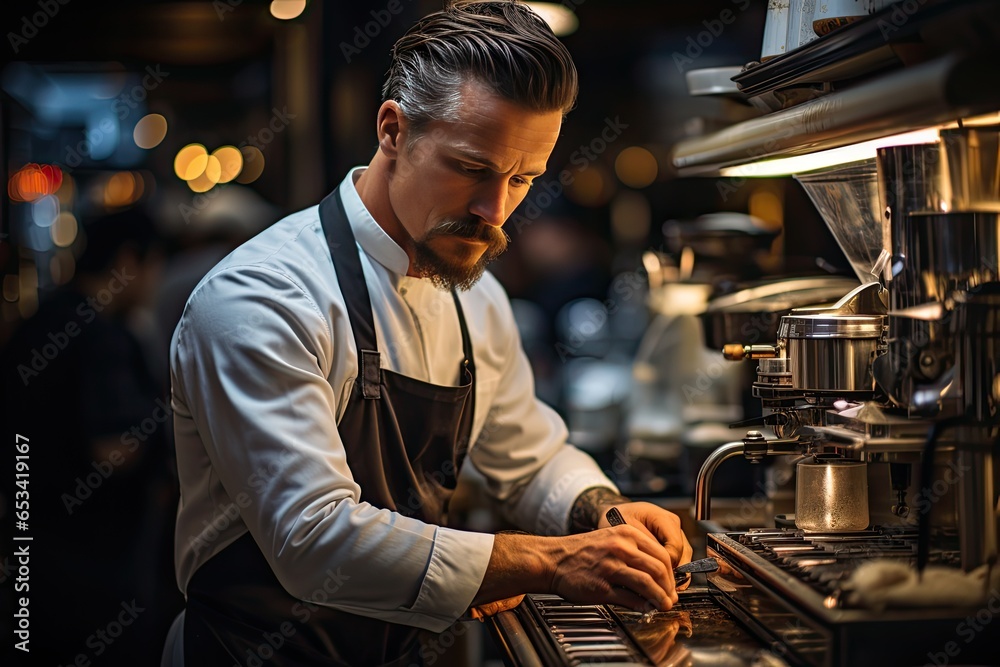 Hall barista extracts perfect espresso in handcrafted coffee., generative IA