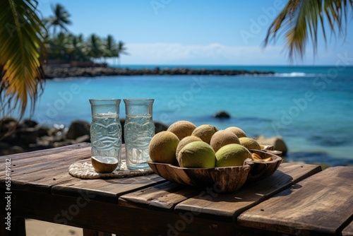 Praia Serenity: Rest under palm with coconut water., generative IA