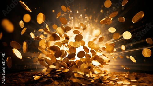win gold coin explosion illustration en treasure, realistic game, shiny currency win gold coin explosion