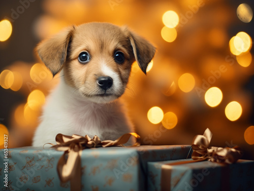 A small fluffy puppy peeks out of a New Year's gift box and looks at the camera against the backdrop of a Christmas tree and garland lights. We gave a dog for New Year or Christmas.