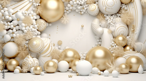 Winter holiday wallpaper. Festive white and gold Christmas ornaments and baubles