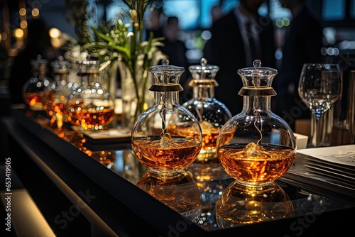 Distillate tasting in gastronomic event: elegant bottles and seductive aromas., generative IA