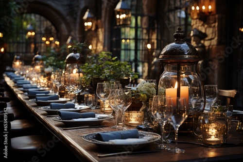 Elegant dinner next to an impressive Distillate Cellar., generative IA