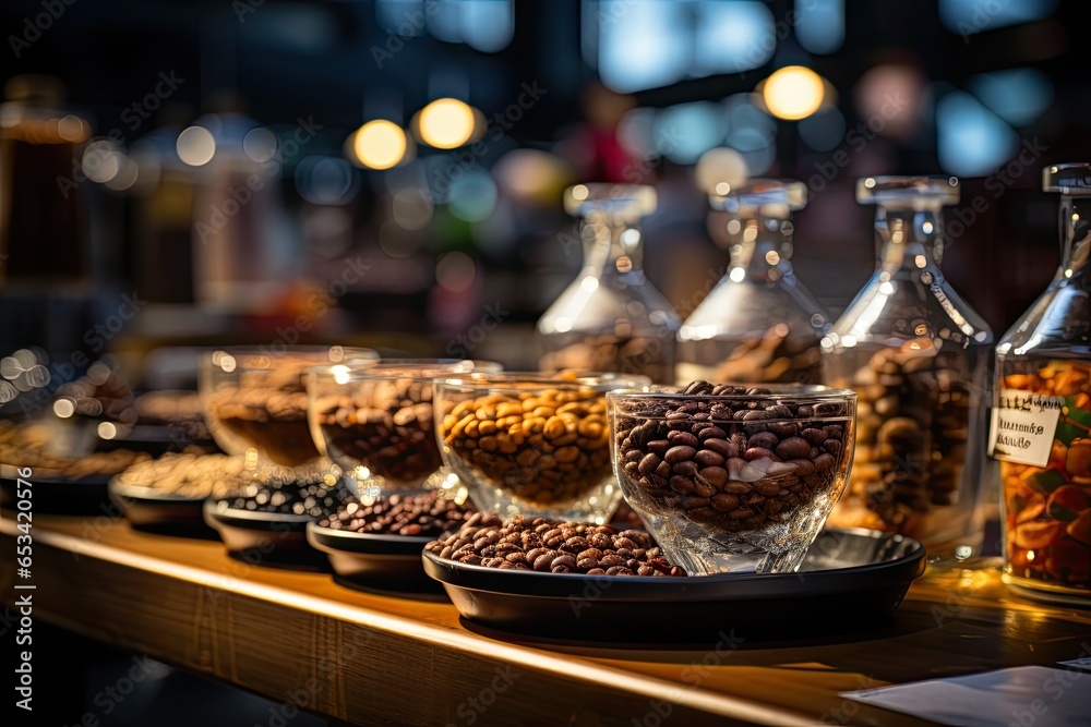 Tasting of several coffee grains in a gastronomic fair., generative IA