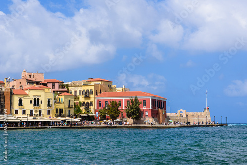 Old town main quay with colorful buildings  bars and restaurants. One of the most famous place in Chania town.