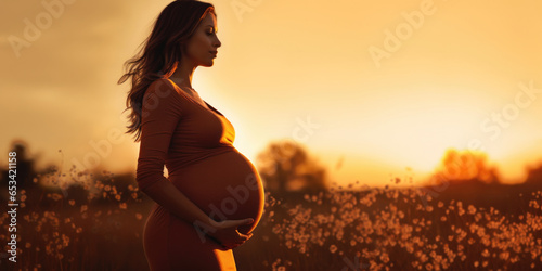 Pregnant woman in nature background. Silhouette of pregnant woman in dress in sunlight of sunset. Concept of pregnancy, maternity, expectation for baby birth.