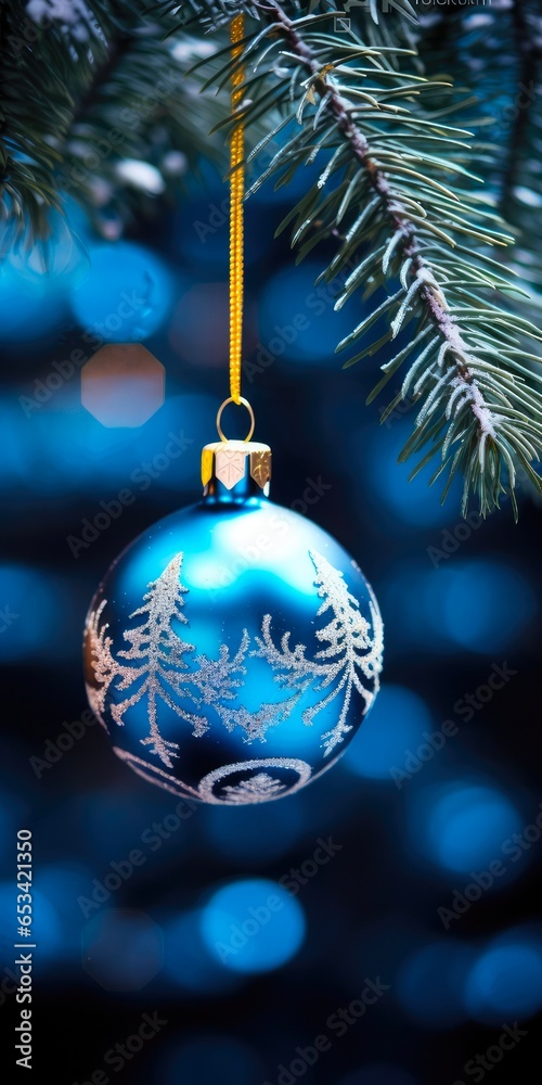 Blue Ornament Hanging Alone on Pine Tree Branch - Beautiful Christmas Bauble Decoration