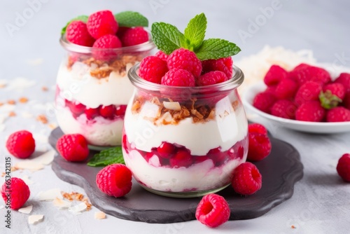 Berry Trifle in a Jar. Vegan Coconut Pudding with Natural Raspberry and Berries on Light Background. Perfect Vegetarian Diet Food