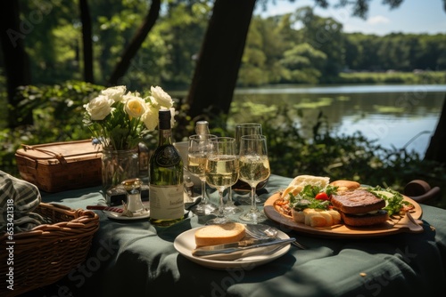Picnic by the river: food, friends and bottles of fresh water., generative IA