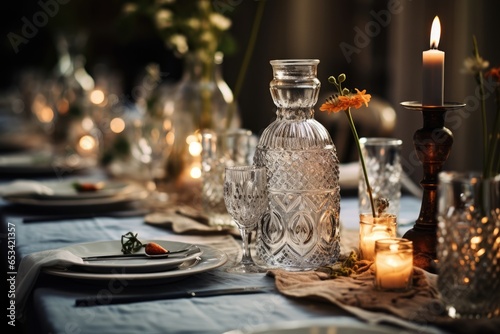 Elegant dinner, water bottles on refined table., generative IA
