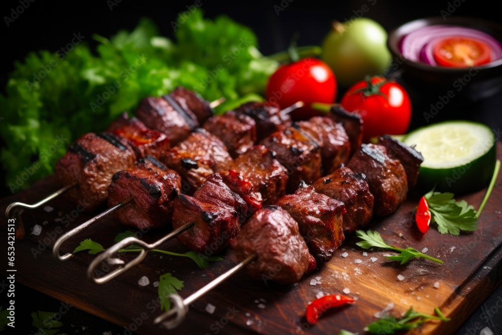 Spice Up Your Meal with Suya Kebab - Tasty African Snack on Skewers with Grilled Meat, Fresh Vegetables, and Ketchup. Close-up Shot