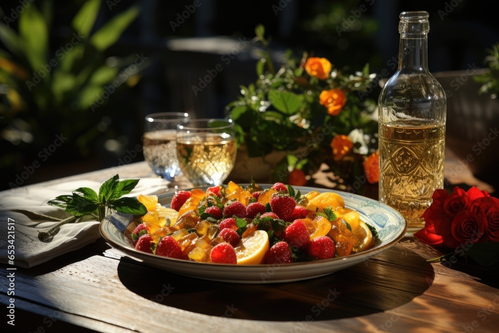 Colorful meal and varied juices on sunny terrace., generative IA