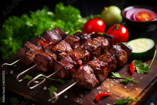 Spice Up Your Meal with Suya Kebab - Tasty African Snack on Skewers with Grilled Meat, Fresh Vegetables, and Ketchup. Close-up Shot