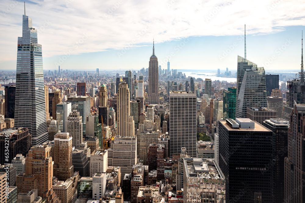 Aerial panorama view of buildings and skyscrapers in Midtown Manhattan New York City 