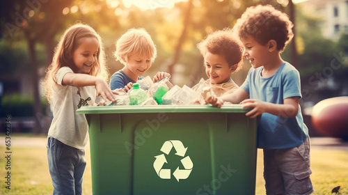 stockphoto, copy space, children putting recyclable materials into recycling bins. Young people are aware of recycling. Ecology, awareness. Recycling theme. photo
