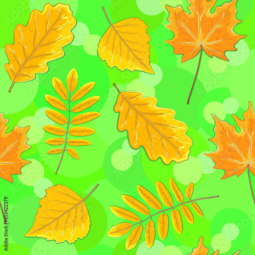 Bright orange autumn leaves of oak, maple, beach and mountain ash on a bright green background with green highlights of different shades. Seamless pattern. Printing on fabric. Vector illustration.