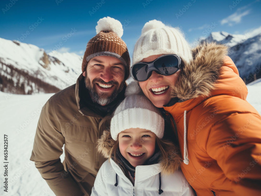 portrait of happy family at ski resort make selfie, snowy mountains in the background. portrait of happy family at ski resort make selfie, snowy mountains in the background.