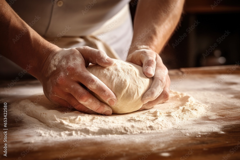 Closeup of Hands Kneading Dough in a Kitchen