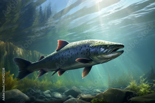 A salmon swimming in a freshwater stream or river. Generative AI
