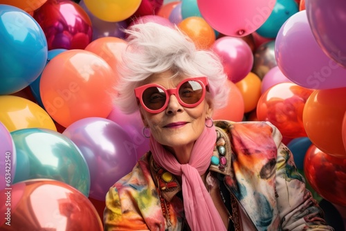 Senior hipster lady, surrounded by vibrant, balloons in various colors. Generative AI