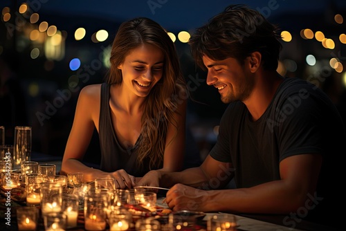 Friends celebrate on the terrace with cocktails and urban view at dusk., generative IA