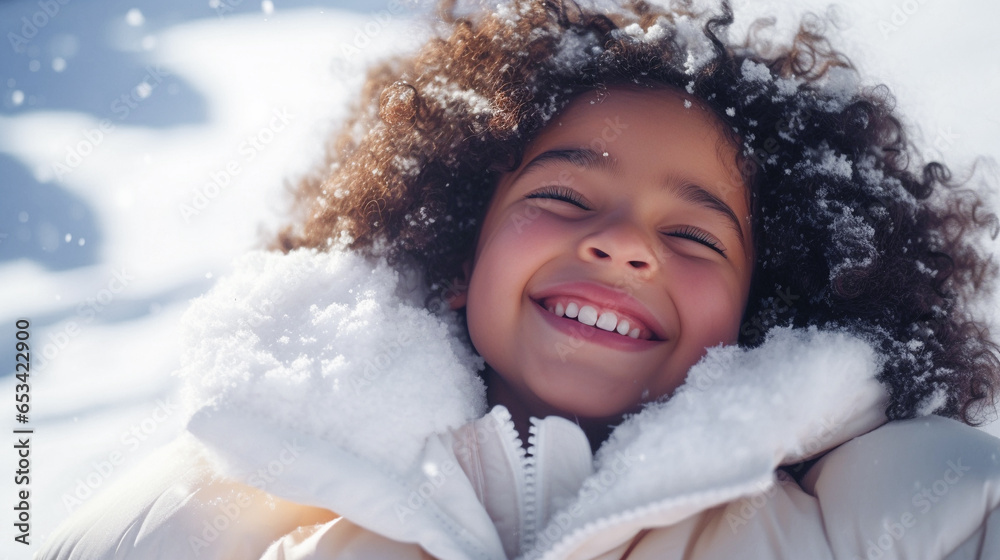 happy smiling child lying on snow, happy holidays, top view. happy smiling child lying on snow, happy holidays, top view.