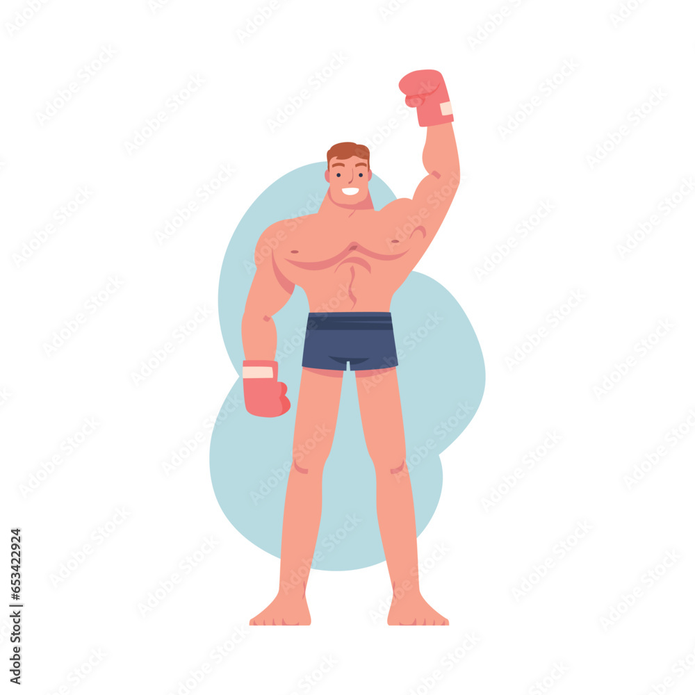 Fototapeta premium Smiling Man Winner Standing in Boxing Gloves with Raised Up Hand Vector Illustration