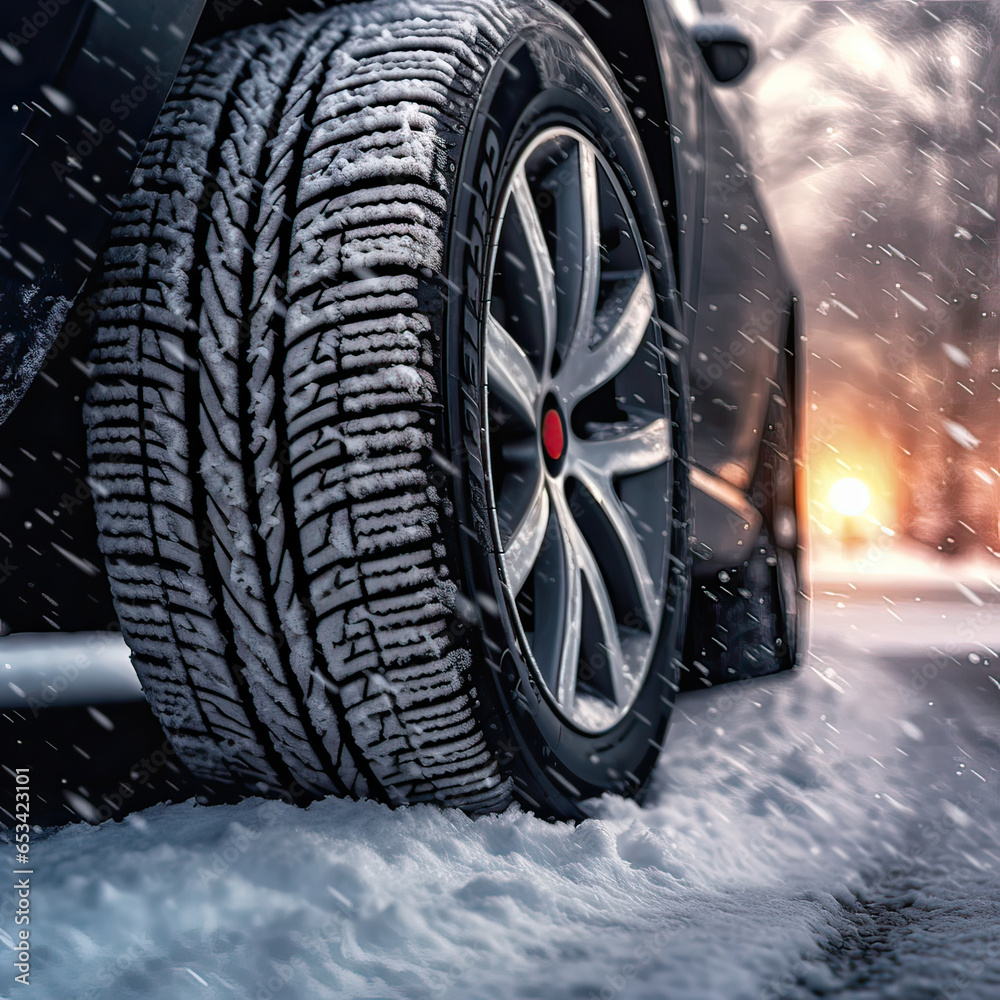 Winter tire. Detail of car tires in winter on the road covered with snow. .background