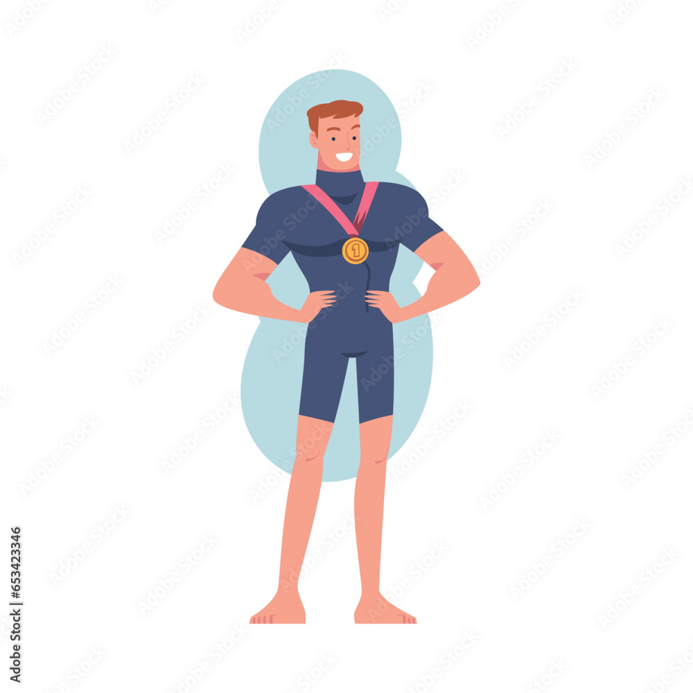 Smiling Man Winner with Golden Medal Vector Illustration