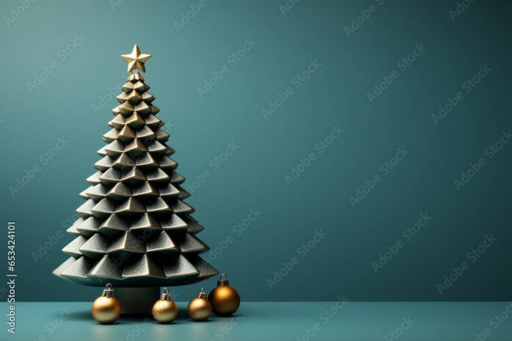 Unusual geometric Christmas tree standing on floor with baubles and star tree topper against turqouise wall backdrop, background with copy space