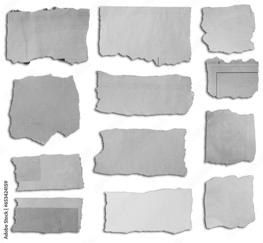 Twelve pieces of torn paper on white background 