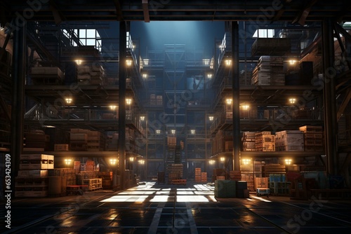 Illuminated warehouse with boxes, machinery, and a hallway leading to a second-floor doorway. Generative AI