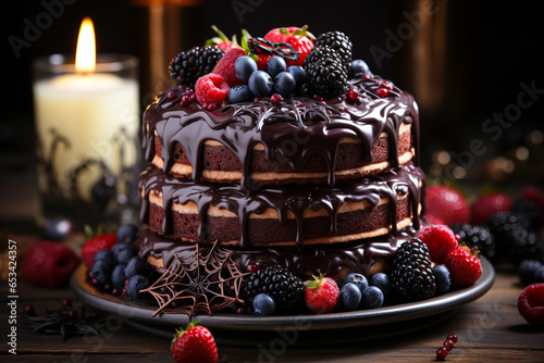 Chocolate cake with berries and chocolate glaze on a dark background