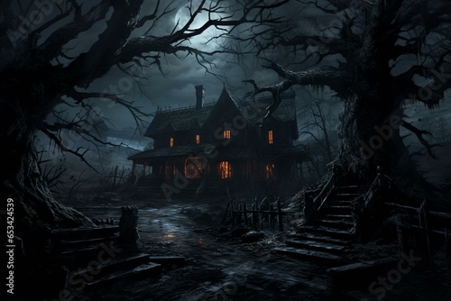 An eerie old house in the dark countryside, enveloped by haunting trees. Generative AI