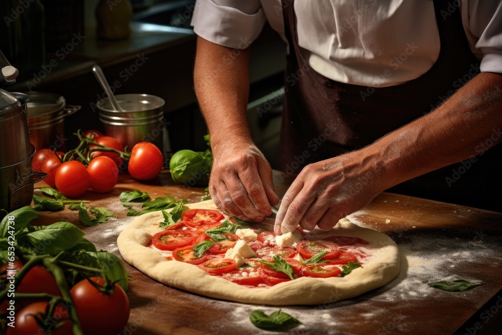 Closeup of Hands Making Pizza in a Kitchen