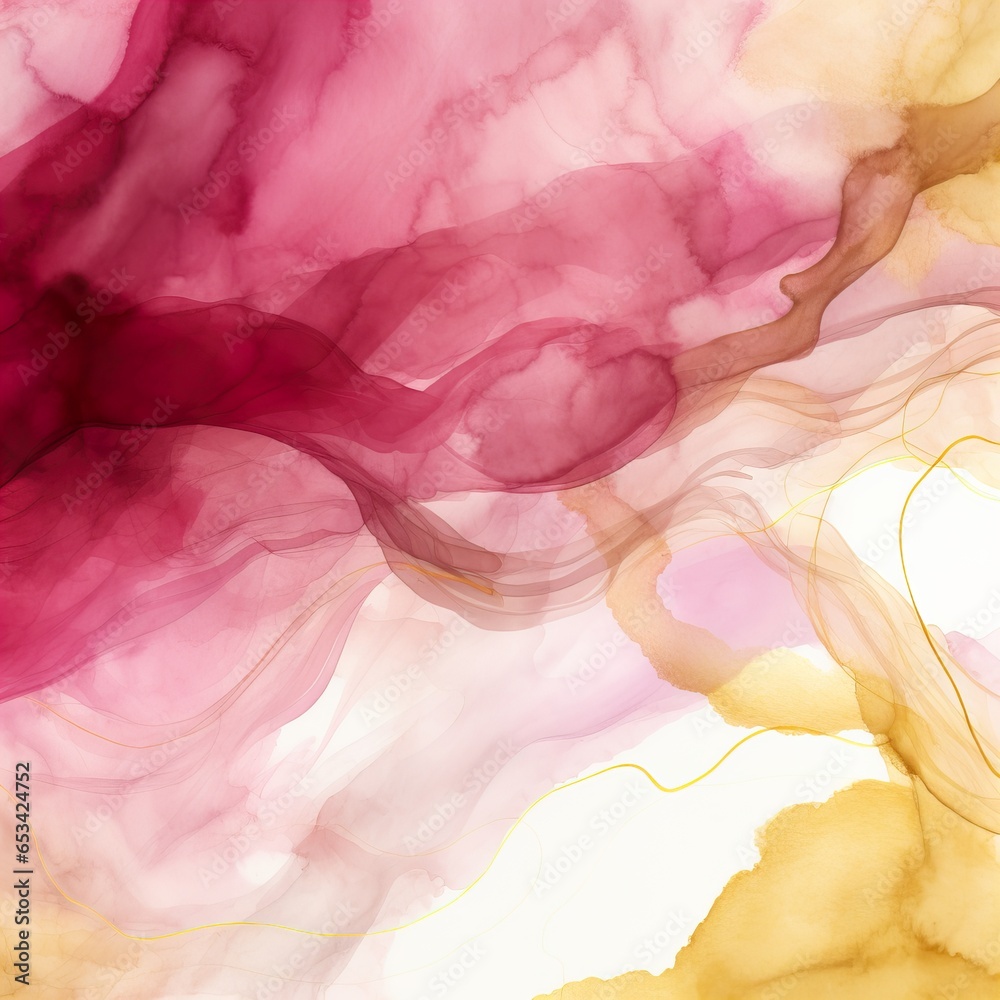 Red and gold abstract watercolor background, paint stains with golden texture strokes