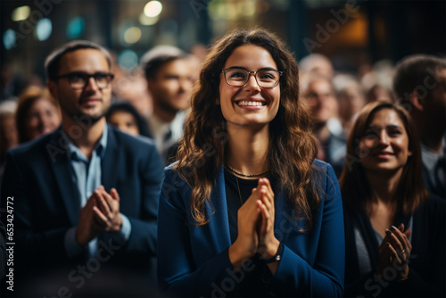 enthusiastic smiling audience applauding at a business seminar. Multinational business team, meeting ,seminar, training concept