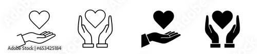 Giving heart icon set. Hand holding heart symbol. Charity, health, love, family and care sign. Vector illustration	
