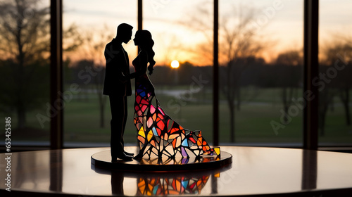 wedding cake topper of a happy couple, beautiful sunset landscape photo
